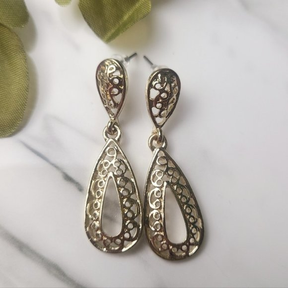 Vintage Worked Metal Double Tier Classic Earrings - Picture 3 of 5